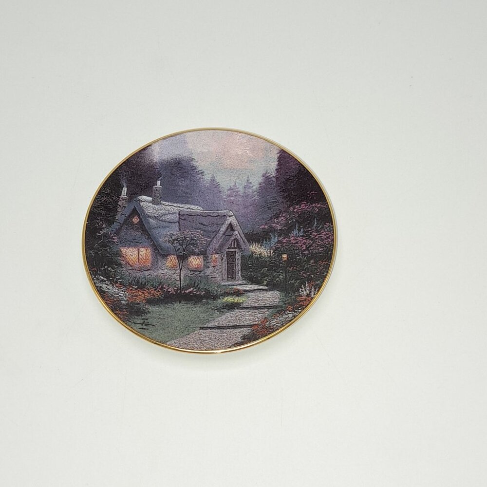 Cedar Nook Cottage 1996 Thomas Kinkade Enchanted Seasons Plate Gold Trim 3.5"
